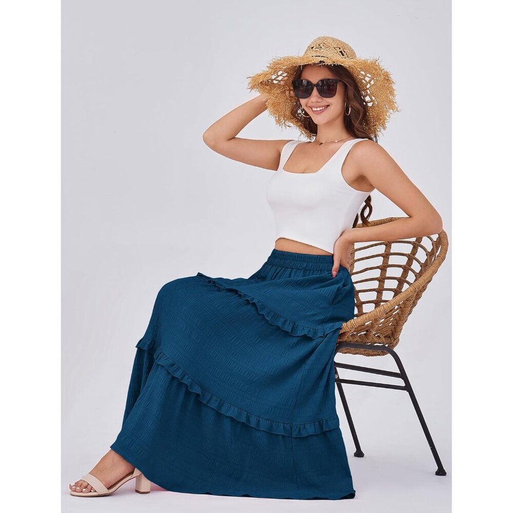 Women Sapphire Casual Elegant A Line Flowy Ruffle Tiered Long Pockets Maxi Skirt - Picture 5 of 5